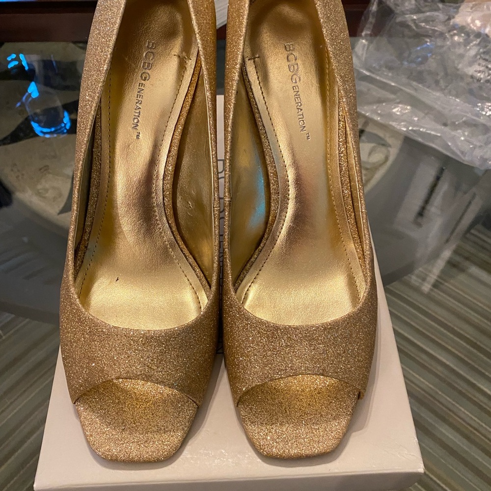 BCBGeneration Gold Peep-Toe Heels